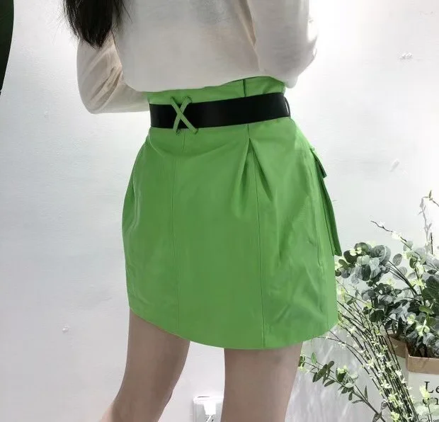 Осень 2021 новая юбка из овчины кожаная А силуэта с большим карманом и поясом