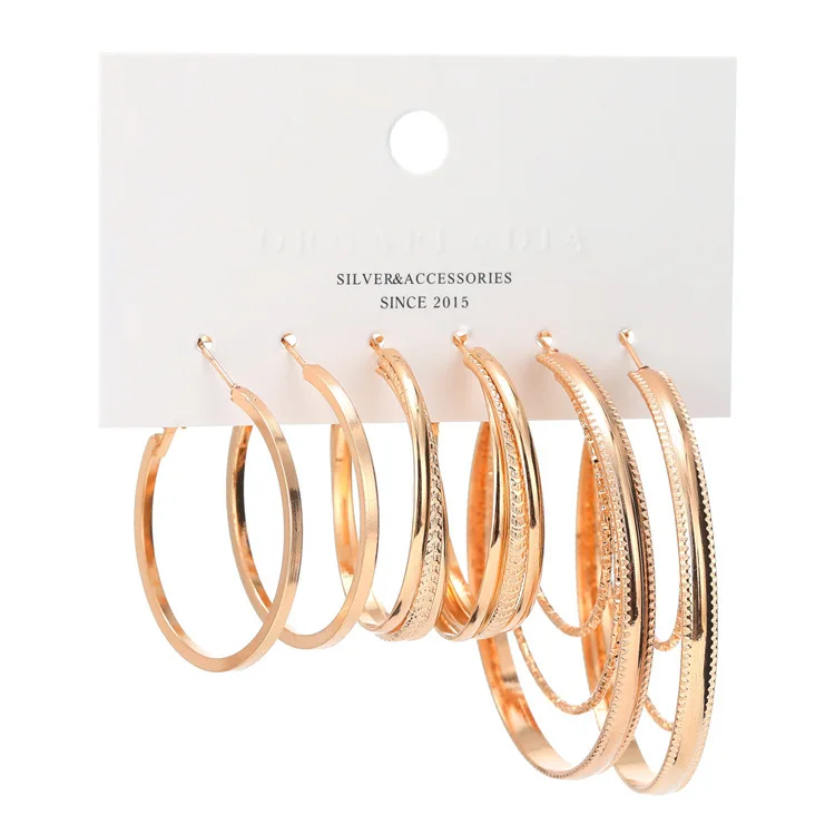 

New Exaggerated Earrings Gold Big Circle Ear Hoop Earrings Three Pairs Set Ladies Earrings
