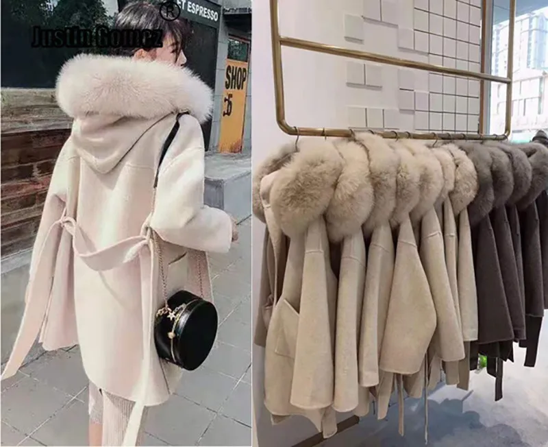 Корейское длинное кашемировое пальто с настоящим бренд Fox Fur Trim Hoodie теплое плотное пальто с большими карманами женская верхняя одежда зимнее пальто