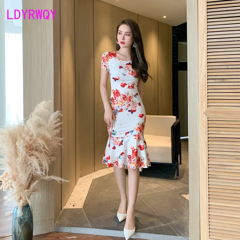 

LDYRWQY Fishtail dress women 2021 summer new style slim waist Knee-Length Office Lady