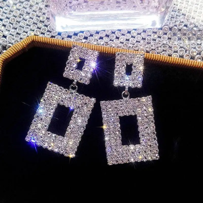 Luxury Shining Crystal Earrings Gold Silver Color Square Rhinestone for Women Wedding Party Jewelry | Украшения и аксессуары