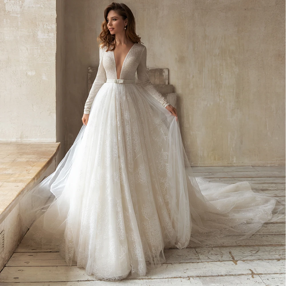 

White Deep V-Neck Full Sleeve Wedding Dresses A-Line with Tulle Sashes Floor-Length Sequined Sexy Open Back Sweep Train Summer