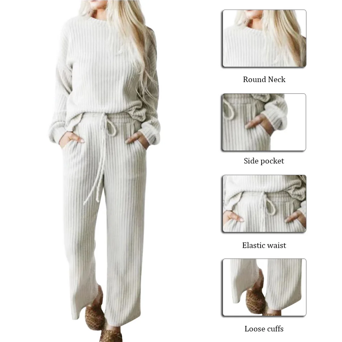 

2020 Autumn Knitted Ribbed Women 's Set Casual Long Sleeve Drawstring Hoodies and Pants Suit Sweatwear Sportwear Two Piece Sets