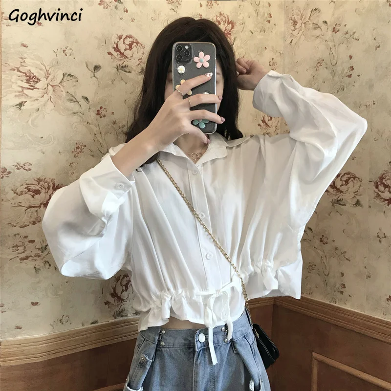 Shirts Women Shirring Solid Fashion Short Style Design Spring Retro Popular Simple All-match Sweet Students Streetwear Casual