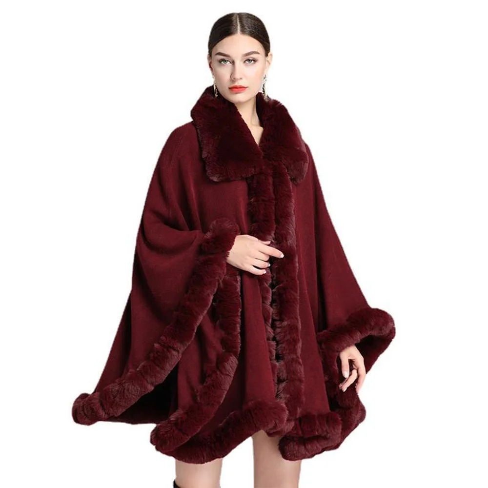 Women's Winter Cloak Coat Warm Thick Coat Oversized Cloak Faux Fox Fur Collar Cloak Large Ornaments Dovetail Cardigan