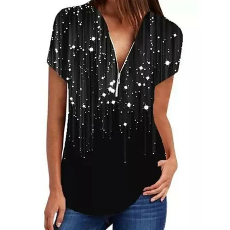 

Women Blouse Zip V-Neck Tops Short Sleeve Casual Print Shirts Summer Woman Clothing Blouse Women Shirts