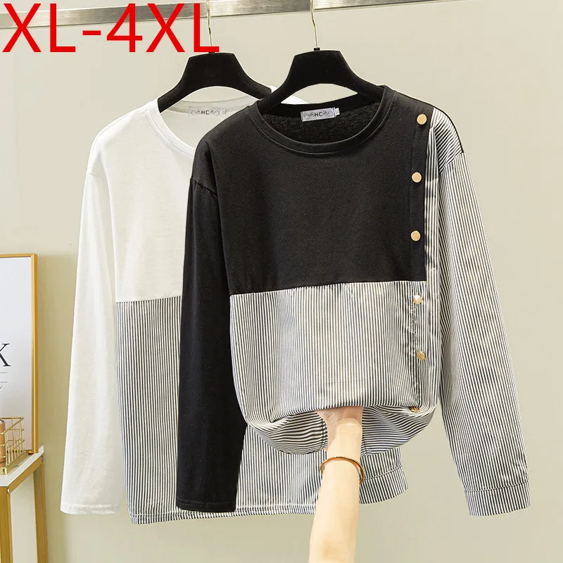 

Spring Autumn Plus Size Women O Neck Long Sleeve Stripe Patchwork T-shirt Large Loose Casual Tops Tees XL 2XL 3XL 4XL