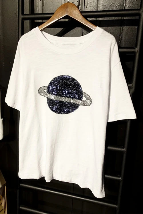 

2021 Summer Chic Fashion Top Goddess Sequins Short Sleeve Korean Style Tshirt Loose Round Neck Cartoon Youth Pullover for Women