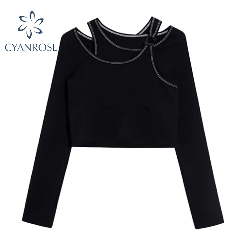 Черный Нерегулярные лоскутное облегающее короткие футболки топы Для женщин с