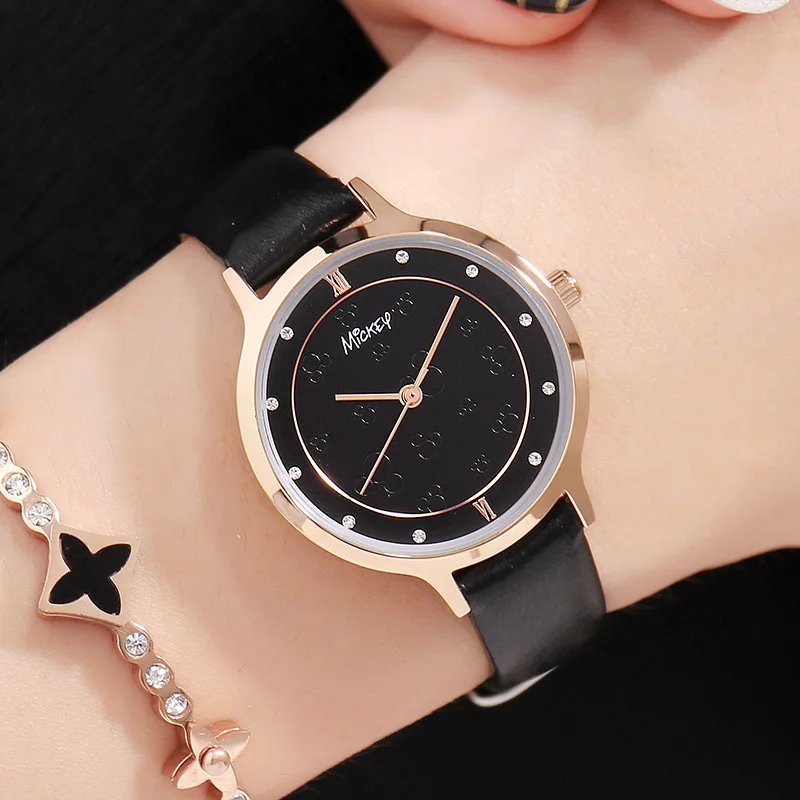 

Disney Mickey Mouse Women Quartz Watch 3Bar Waterproof Simple Fashion Cute Round Leather Strap Women Watches Gift Alloy Buckle