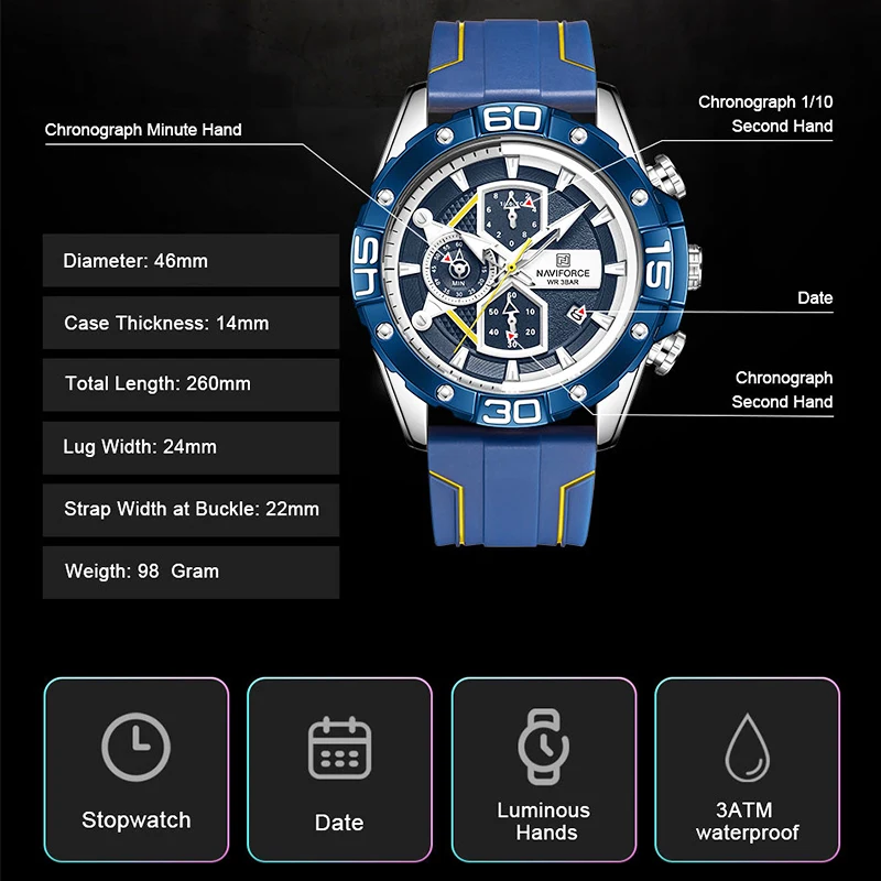 Часы наручные NAVIFORCE Мужские кварцевые с хронографом спортивные брендовые