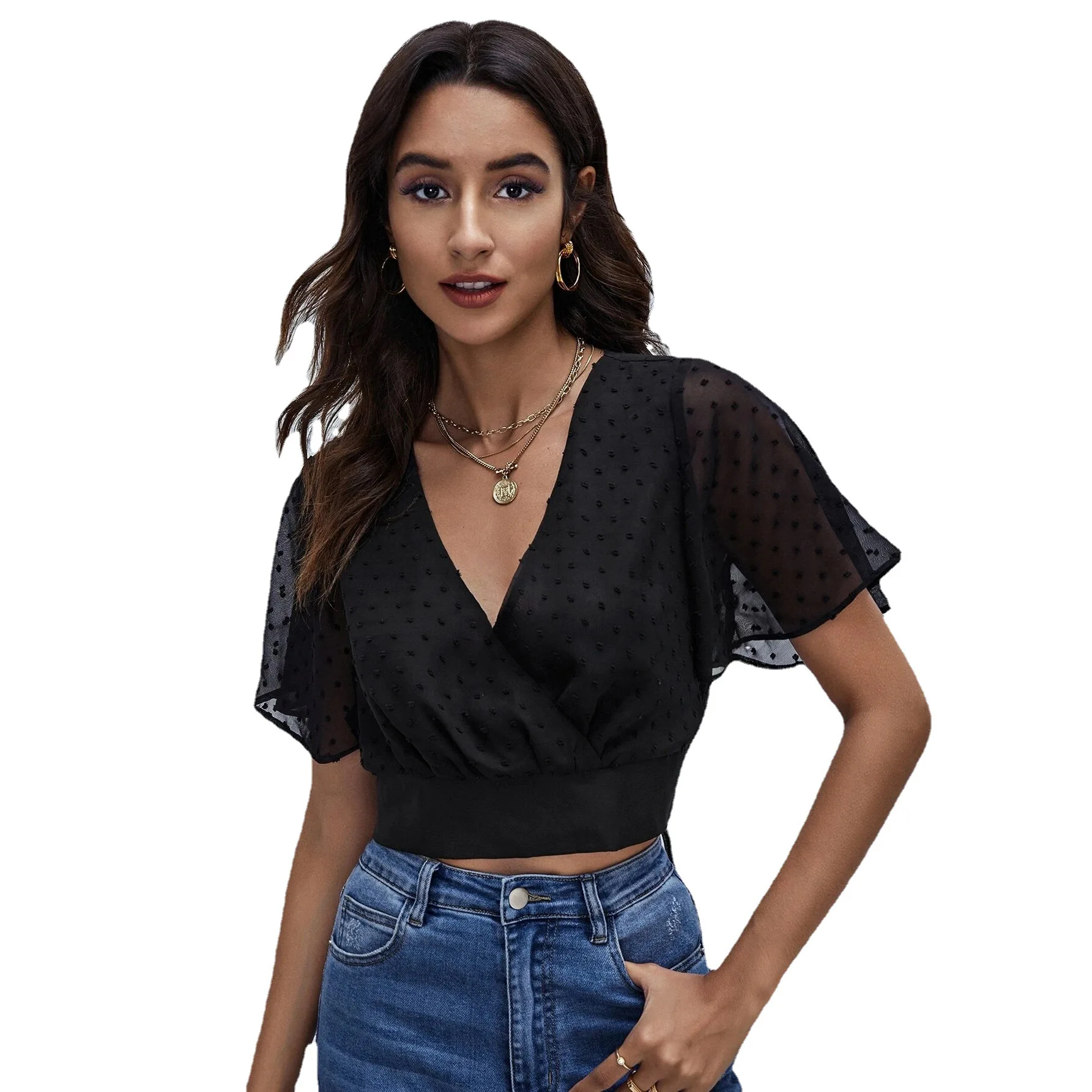 

Summer new style deep V-neck dew short pullover ladies blouse