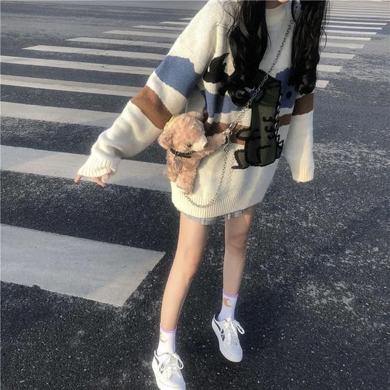 

Knitting Sweater Women Cartoon Printed Cute Japanese Style Warm Soft Daily Streetwear Casual Comfortable Simple Womens Pullover