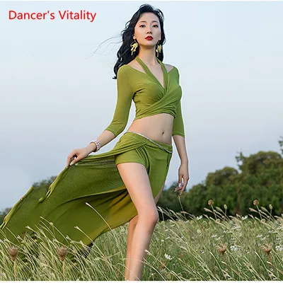 long skirt Однотонная Прозрачная Юбка для танца живота, 2 предмета, сексуальная женская Одежда для танцев в восточном стиле, блузка с длинными рукавами, дешевая распродажа - Цвет: long skirt