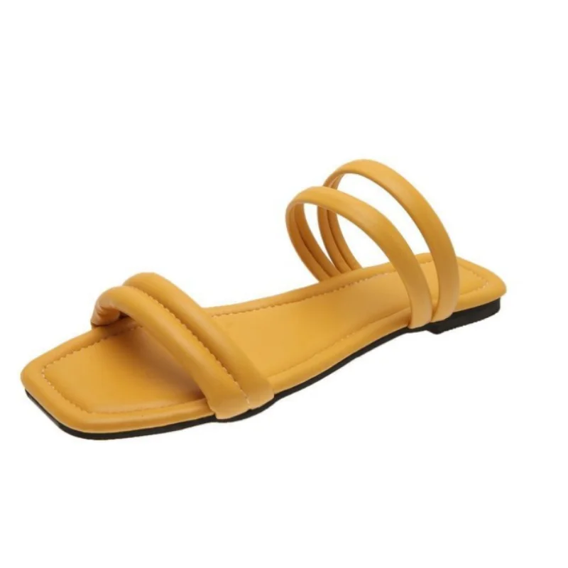 

2021 New Women Slippers Causal Ladies Square Toe Flat Outdoor Slides Fashion Leather Female Sandals Open Toe Beach Lady Shoes