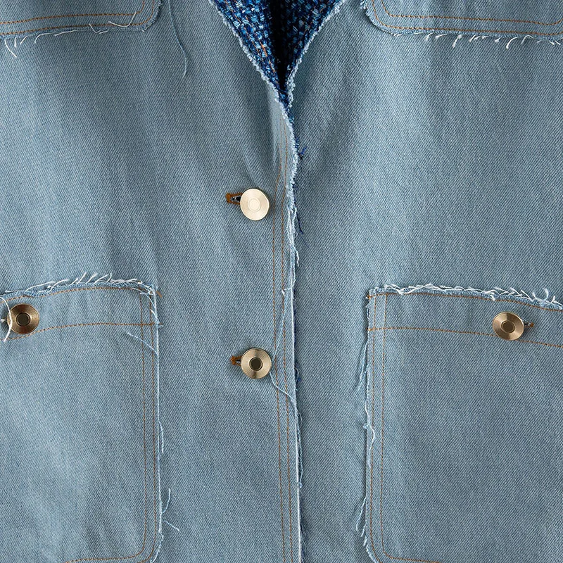 

DEAT Women Vintgae Blue Patchwork Denim Blazer New Lapel Long Sleeve Loose Fit Jacket Fashion Tide Spring Autumn 2021 WL96205L