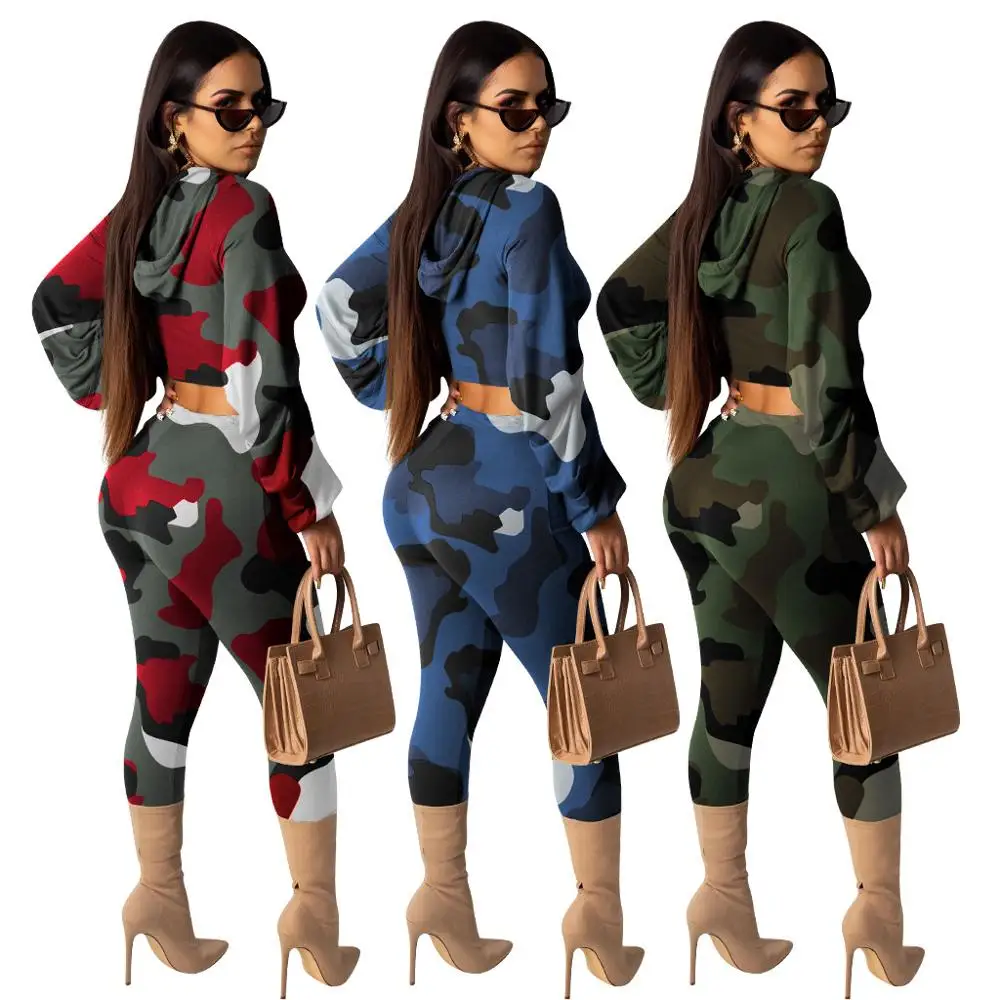 

Fashion Two Pieces Set Pile Of Sleeves Camouflage O-neck Crop Top +Long Pants Tracksuit Women Jogging Femme