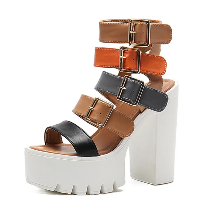 

Color-Blocking Gothic Women's Sandals New Open-toed Roman Style Women's High Heels Hollow Platform Punk Shoes