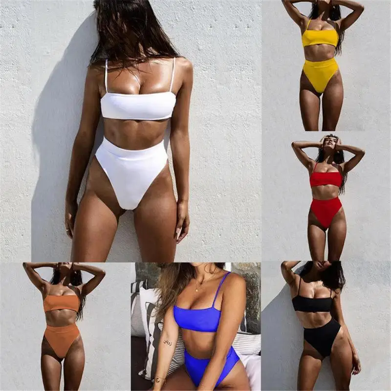 

Summer Sexy Bikini Set women's swimwear 2021 Solid Color Bikini Waist High Swimwear Padded Backless Straps Bra Swimsuit