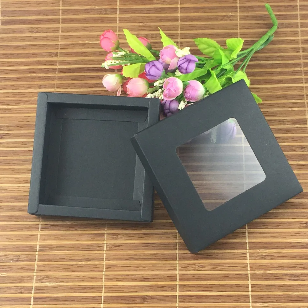 

12pcs/lot folding black kraft white paper box solid color pvc window gift packaging supplies party cake baking candy box