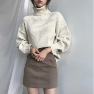 

Chic Korean Style Turtleneck Ladies Elegant Casual Women Sweater Vintage Loose White Sweaters