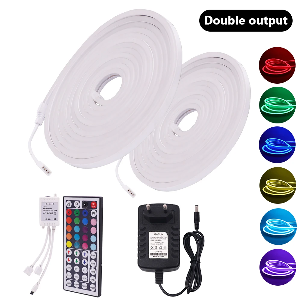 

RGB неоновый светильник с двойным выходом, неоновая веревочная лампа SMD3535, водонепроницаемая RGB светодиодная лента IP67 5x11 мм, неоновая вывеска ...