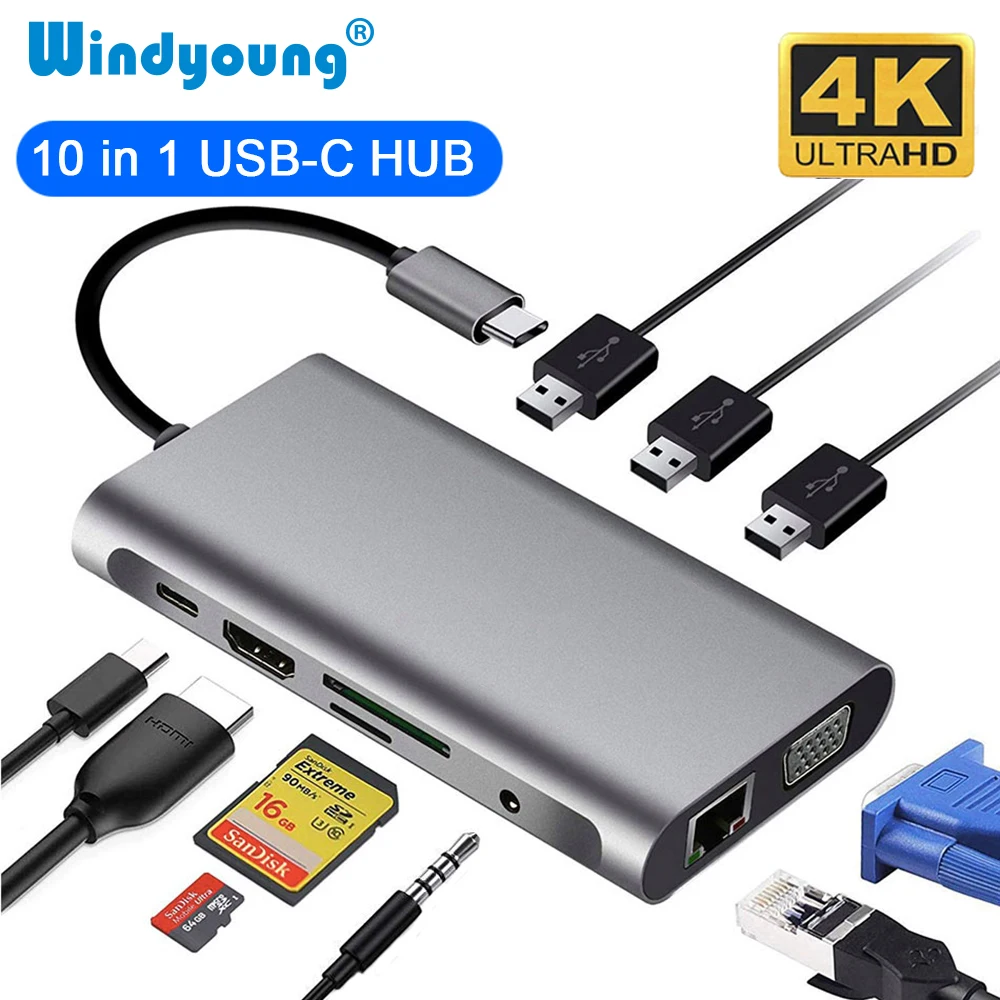 Адаптер USB Type-C к RJ45, Gigabit Lan Ethernet HDMI 4K VGA, кардридер SD TF, внешний USB 3,0, аудио для MacBook Samsung Thunderbolt 3