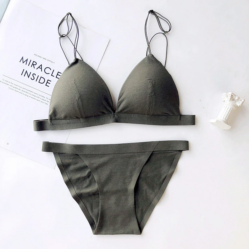 dark green bra set Wriufred, простой модальный хлопковый комплект нижнего белья, тонкие бретельки, собранный сексуальный бюстгальтер и трусики, удобный треугольный бюстгальтер - Цвет: dark green bra set