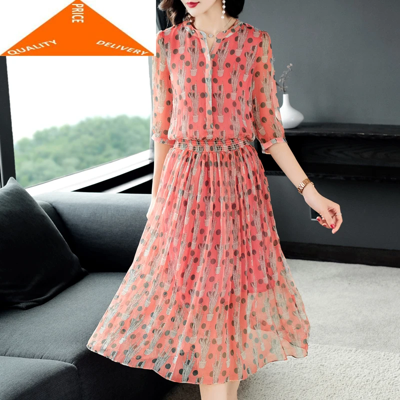 Женское Элегантное летнее платье из 100% натурального шелка черное в горошек