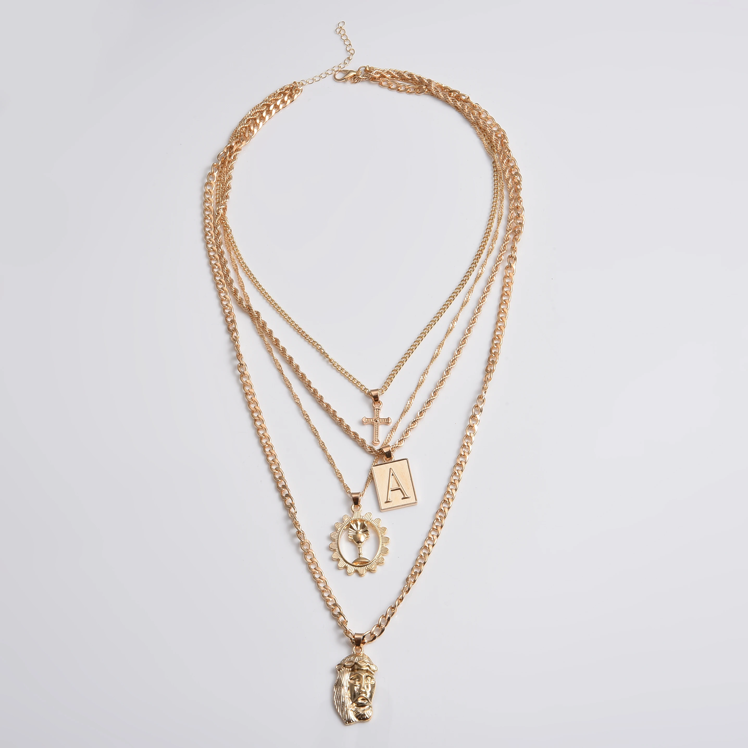Exaggerated Letter A Pendant Layered Necklace Geometric Alloy Beauty Portrait Cross Wine Glass Multilayer Banquet Gift | Украшения и