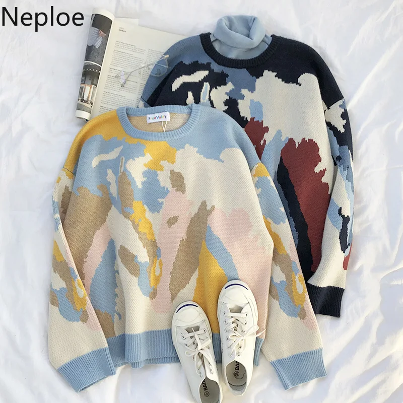 Neploe Pull Femme, новинка, корейский свитер большого размера контрастных цветов с граффити, Женский вязаный свитер с круглым вырезом, уличная одежда, джемпер 56134