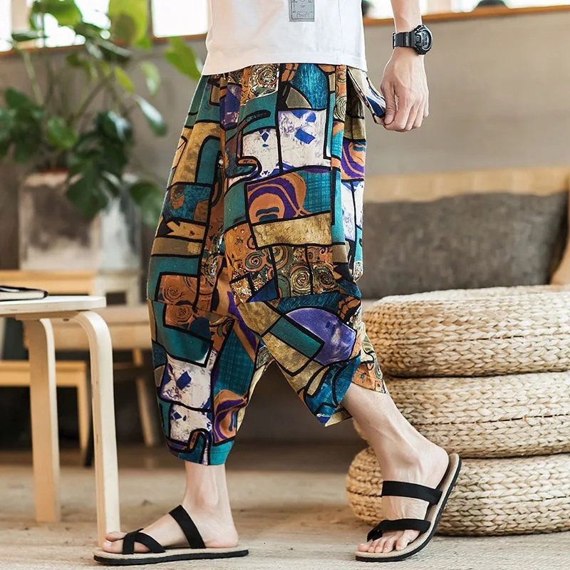 

Fashion Men Beach Wide Legs Pants Indian Traditional Clothing Sari Thailand Trousers Pakistani Print Bloomers Hippie Streetwear