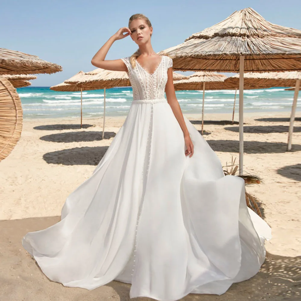

Lace Chiffon Wedding Dresses 2022 Women Elegant Button V-Neck Wedding Gowns Sexy Backless A-Line Bridal Dress robe de mariée