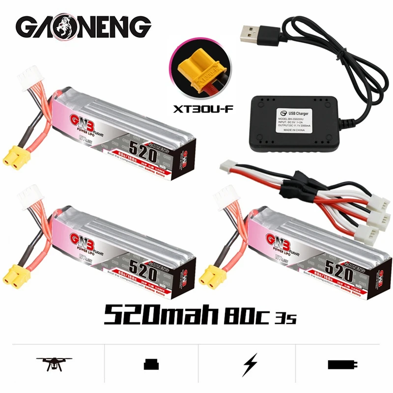 

GNB Max 160C 520mAh 3S 11.4V 80C HV Lipo battery and Charger XT30U-F Plug For Betafpv Beta85X Whoop indoor FPV Drone RC parts