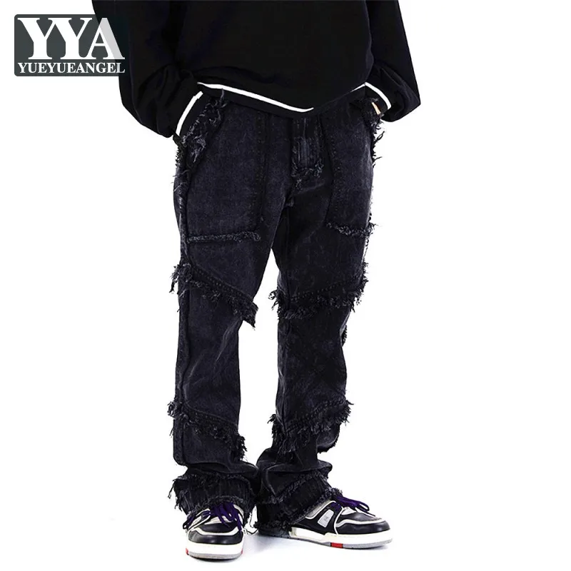 

High Street Hip Hop Flared Pants Men Loose Tassel Gothic Full Length Trousers Personality Mens Jeans Black Casual Denim Pants