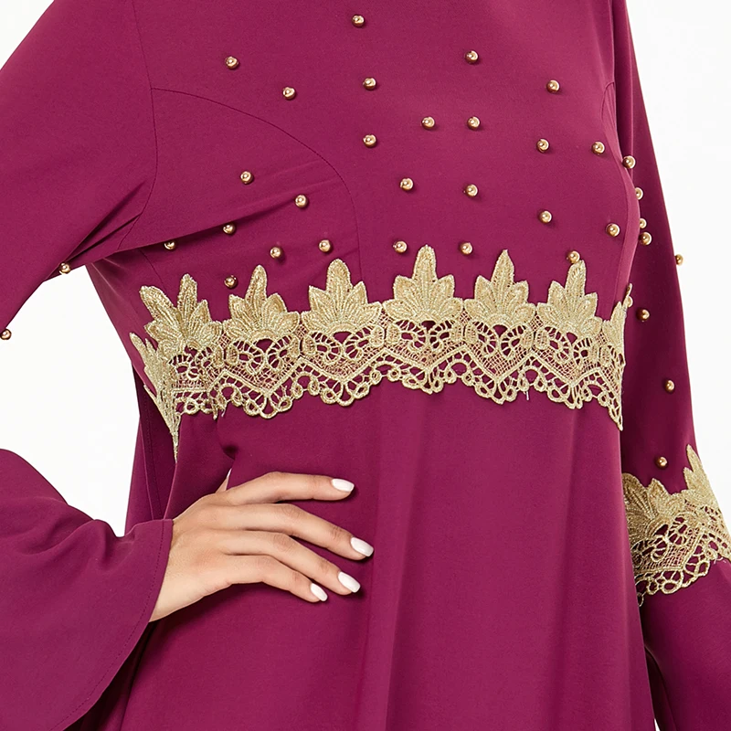 

Muslim Evening Dresses for Women Autumn 2020 Elegant Golden lace Embroidery Beaded Modest Maxi Dress Turkey Arabic Clothing Navy