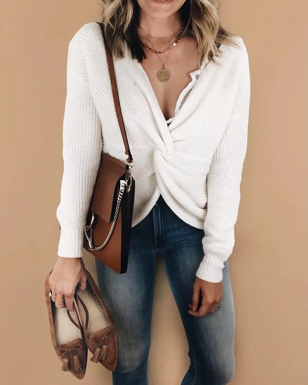 Модный женский свитер Осень-зима длинный рукав v-образный вырез открытая спина