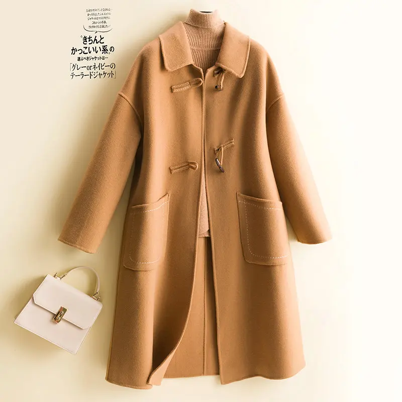

Japanese aging ox horn buckle double-sided cashmere coat women's medium and long loose wool thin coat wool coat