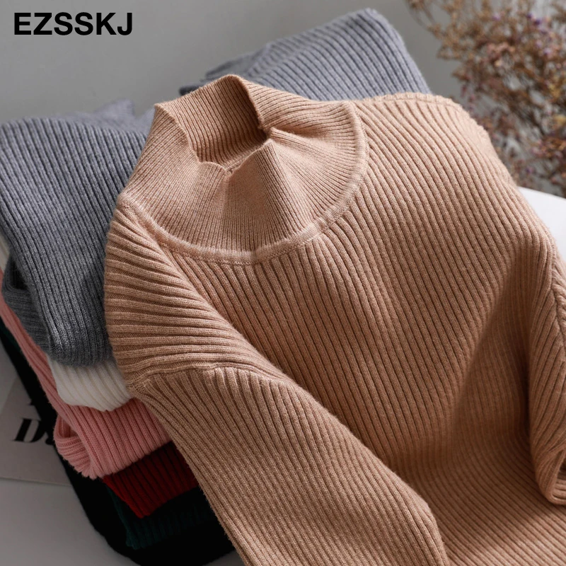 Базовый облегающий плотный свитер зимний теплый вязаный с длинным рукавом и