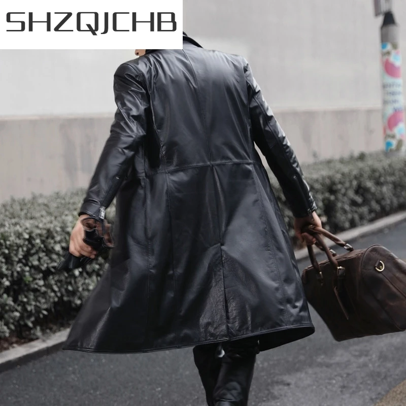 

JCHB 2021 Genuine Leather Trench Coat Men Slim Fit Black Motorcycle Jacket Winter New Windbreaker Cow Leather Long Jackets Plus