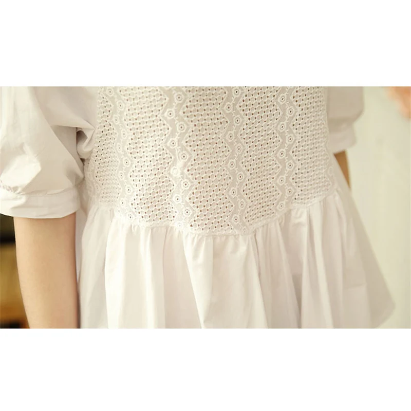 

Summer Blouse Women Half Sleeves White Blouse Shirt O-neck Button Raglan Sleeve Hollow Out Casual Lady Tops ruffle blouse Cotton