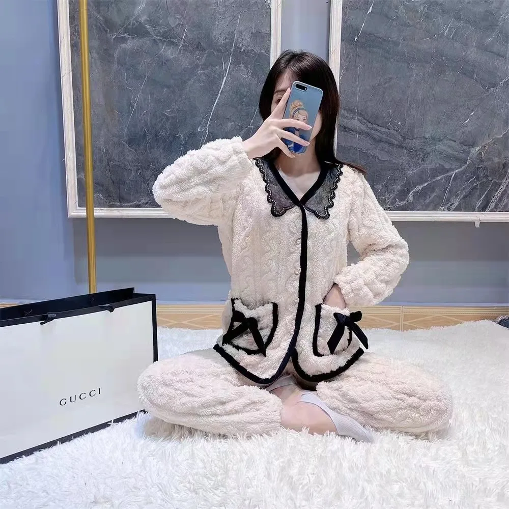 

Flannel Dobby Pajamas Sets 2PCS Lace V-neck Sleepwear Sexy Cardigan Nightwear Full Sleeve Pyjamas Suits Warm Winter Lounge Wear