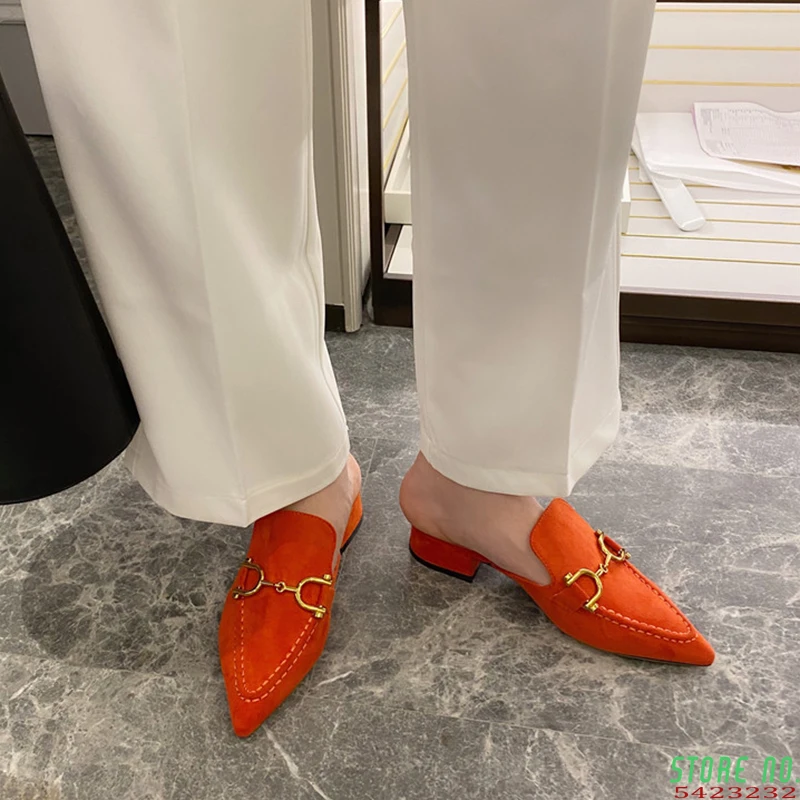 Мюли женские замшевые туфли на каблуке заостренный носок сланцы роскошные