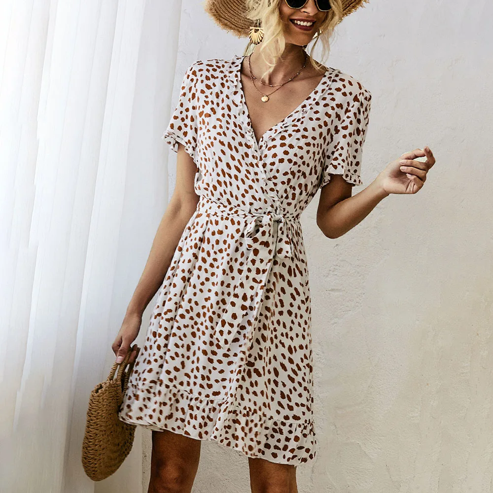 

Summer Sexy Mini Short-sleeved Dress For Women 2021 New Fashion V-neck Lotus Sleeve Spotted Print Bandage Slim A-line Skirt