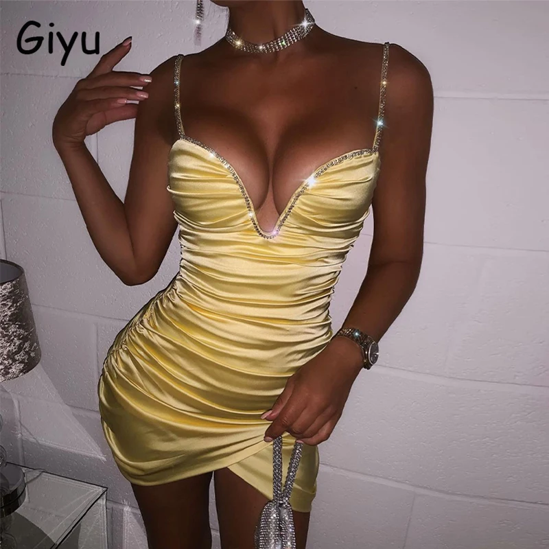 

Giyu Satin Dress Women Sexy Glitter Diamond Club Party Mini Dresses Autumn Elegant Bodycon Off Shoulder Backless Ruch Vestidos