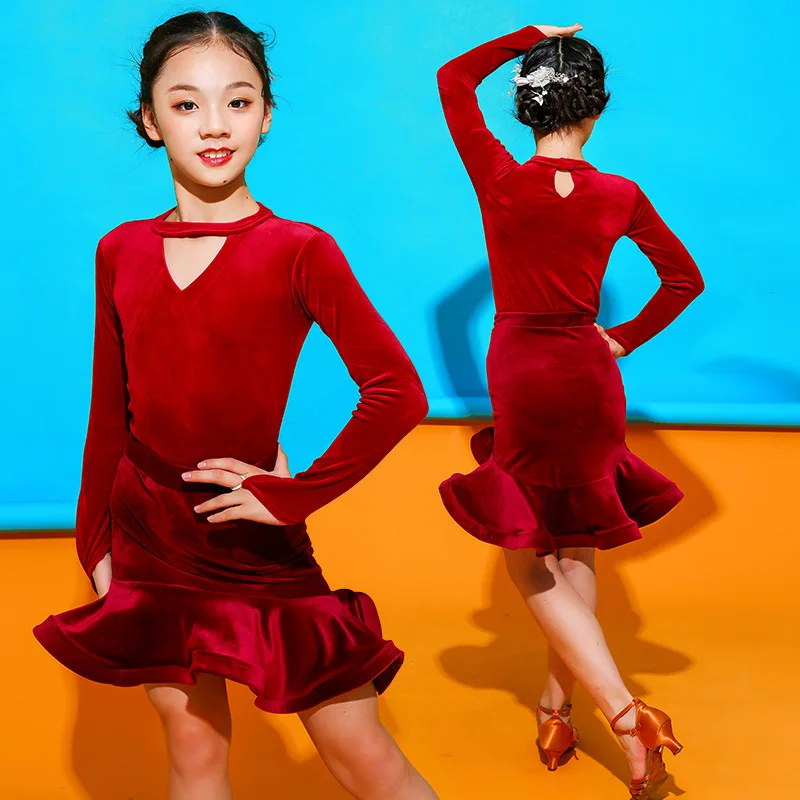 Детское платье для латиноамериканских танцев осенне зимнее бархатное с длинным