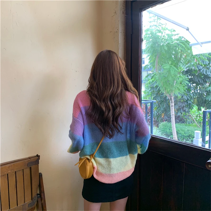 

Autumn Pullovers Women Sweater O-Neck Rainbow Stripe Thin Long-Sleeve Sweaters Female Vintage Loose Fashion Casual Sweater