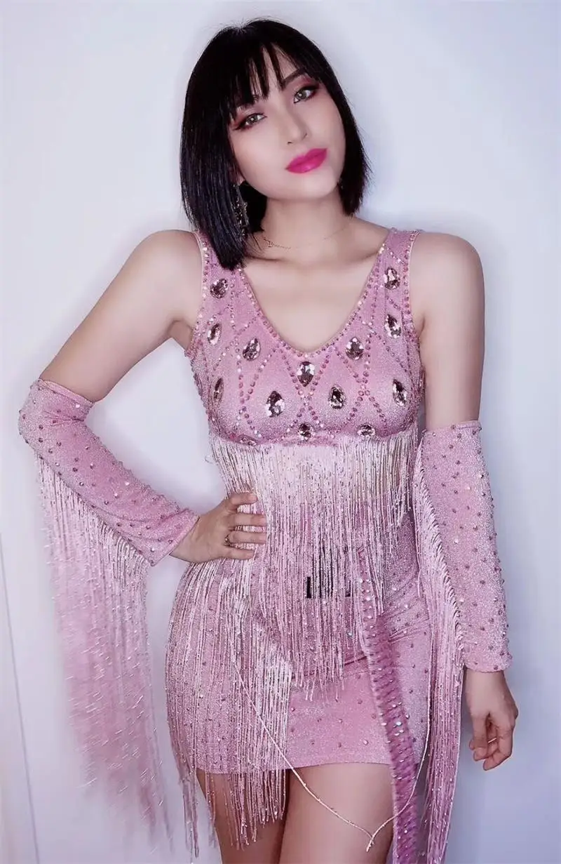 

Women Summer Sleevelss Pink Diamond Tassel Handmade Dress 2021 Party Club Celebrite Singer Dancer Stage Performance Costume