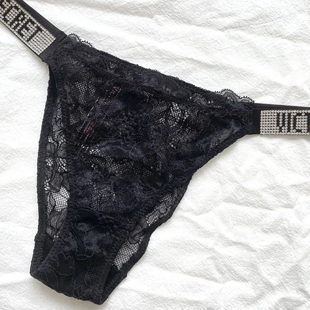 

Breathable Sexy Lingerie Low Waist Lace Letters Rhinestone Underwear Women Panties Pink Seamless Comfortable Brand Design Thong