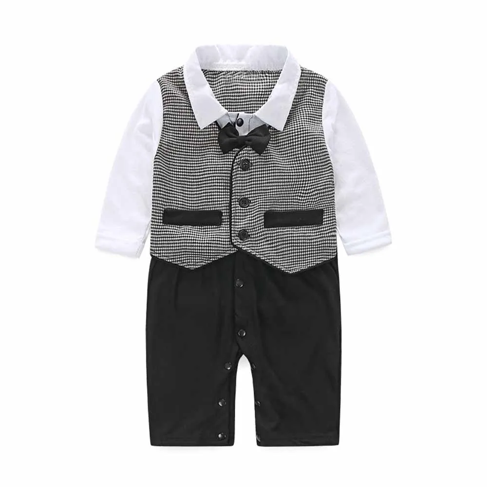 Handsome Baby Boy Formal Party Long Sleeve Romper Christening Wedding Tuxedo Waistcoat Bow Tie Suit Kids Child Clothing 0-24M |